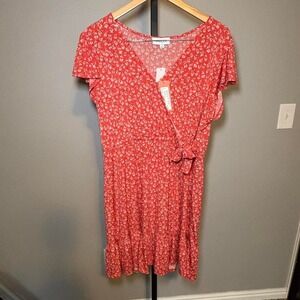 Red floral mini dress with tie front detail 1X